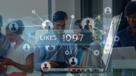 Team Collaborating with Digital Social Media Metrics Overlay