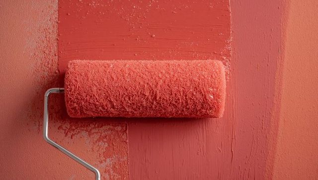 Coral red paint application with roller on wall