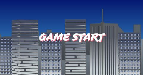 Retro game start screen with cityscape background