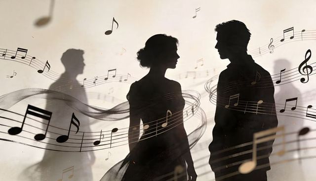 Silhouette couple framed by flowing musical staff and notes for romantic music concept