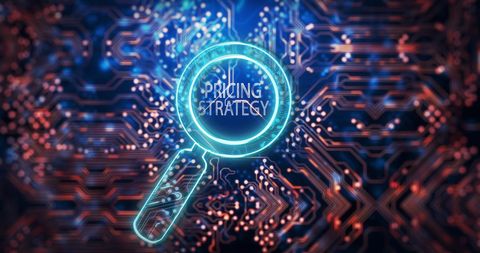 Magnifying glass highlights digital pricing strategy on circuit board