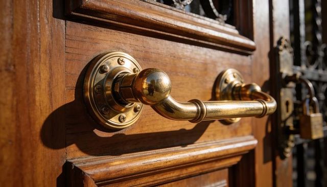 Polished brass door handle catching sunlight on wooden exterior door with padlock
