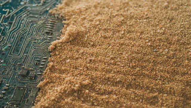 Sand burying circuit board representing tech erosion, electronic waste and digital decay