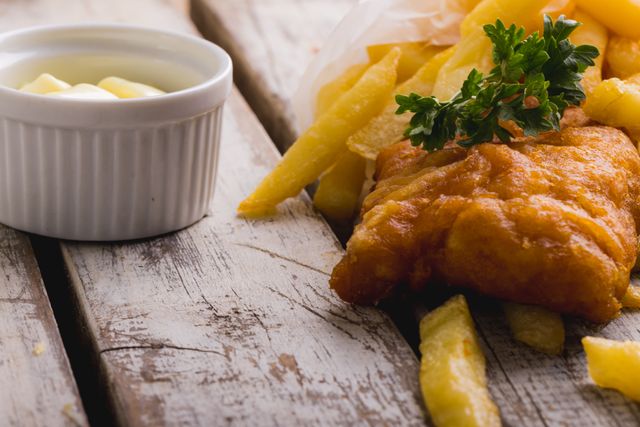 This image showcases a close-up of a classic fish and chips meal, featuring crispy fried fish, golden french fries, and a side of sauce on a rustic wooden table. The dish is garnished with fresh parsley. Ideal for use in food blogs, restaurant menus, culinary websites, and advertisements promoting traditional British cuisine or comfort food.