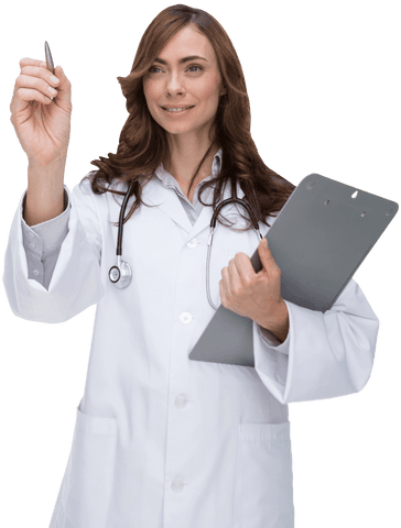 Smiling female doctor writing with pen on transparent background
