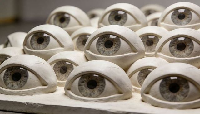 Prosthetic eye units with glass irises on workshop tray macro closeup medical prosthetics