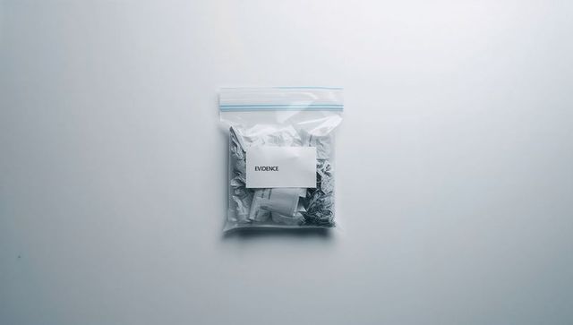 Clear zip-top evidence bag containing receipts and paper scraps on neutral surface