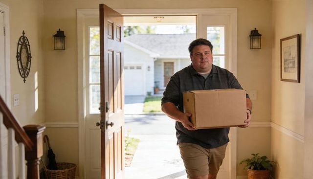 Carrying Moving Box into Sunlit Suburban Foyer Through Open Front Door