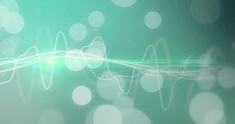 Teal audio waveform flowing across bokeh background with glowing light streaks