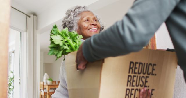 This image depicts an elderly woman receiving a grocery delivery with fresh produce, showcasing her happiness and the use of sustainable packaging. Ideal for publications or advertisements focused on senior services, grocery delivery, healthy living, and sustainability initiatives.