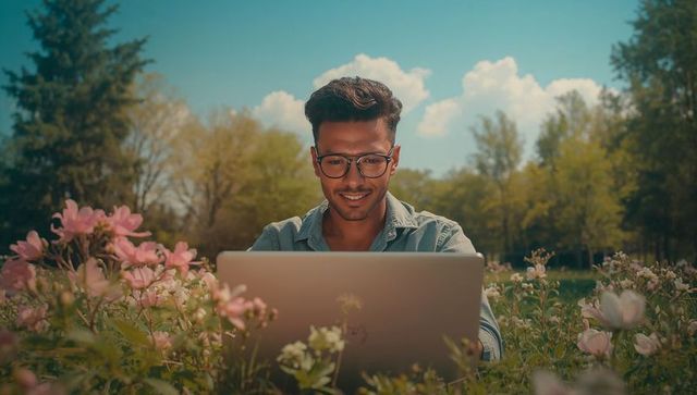 Young Man Working on Laptop in Flower Meadow
