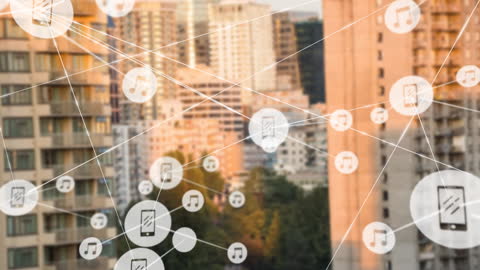 Cityscape with Networked Music and Communication Icons