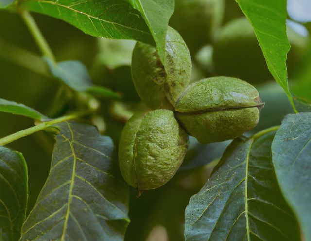 Green pecans growing in a cluster on a branch amid lush leaves. Ideal for use in agricultural articles, organic farming promotions, and nature-related content. Represents a fresh, organic, and natural look suitable for educational materials about nut trees or agricultural studies.