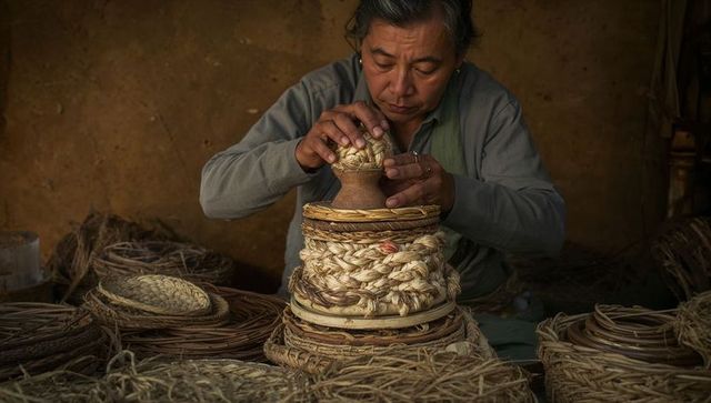 Senior artisan handcrafting braided straw baskets and fitting lid in rustic workshop