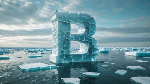 Ice sculpture letter b floating in arctic waters