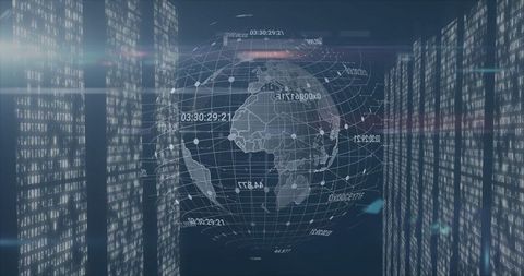 Futuristic 3d wireframe globe with binary data display