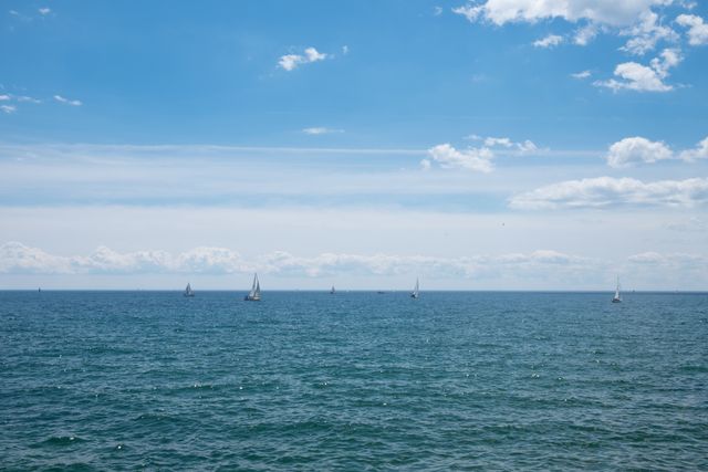 Depicting sailboats navigating tranquil ocean waters under a clear sky. Suitable for use in travel brochures, marine life websites, relaxation concept designs, and nautical themes.