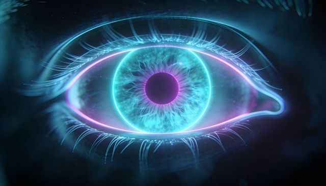 Neon cyber eye with glowing electric iris and luminous rings for futuristic tech design