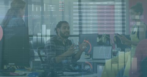 Diverse team collaborating with financial data analytics
