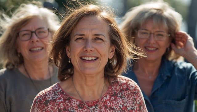Smiling midlife women laughing and enjoying sunny park outing together