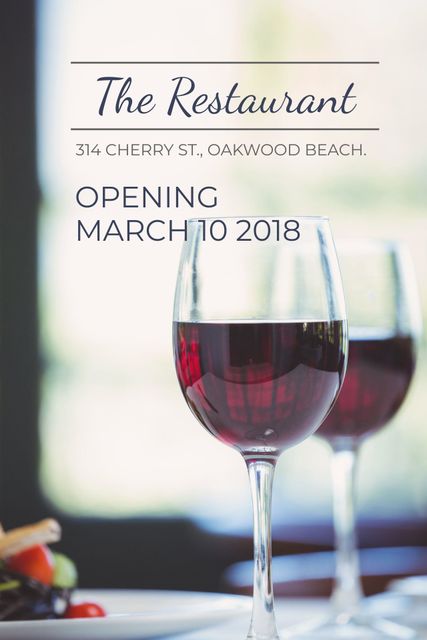 Promotional image featuring elegant wine glasses filled with red wine, perfect for announcing restaurant openings and culinary events. Ideal for inviting guests to a new restaurant launch, showcasing sophisticated dining atmospheres, and enhancing food and beverage marketing materials.