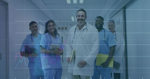 Medical team walking hospital corridor with lead physician and data analytics overlay