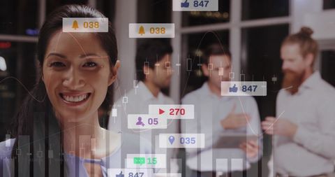 Asian Woman with Social Media Analytics Overlaid in Modern Office - Download Free Stock Images Pikwizard.com