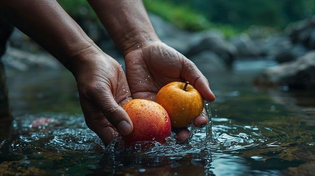 Hands Rinsing Fresh Apples in Shallow Stream Creating Water Droplets and Ripples