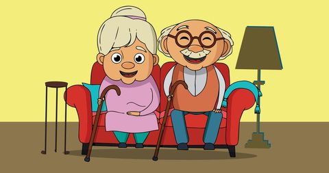 Happy cartoon grandparents sitting together on couch