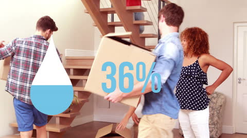 People Moving Boxes in Apartment with Overlay Graphics