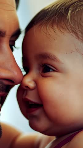Vertical video: father leaning in nose-to-nose bonding with laughing infant