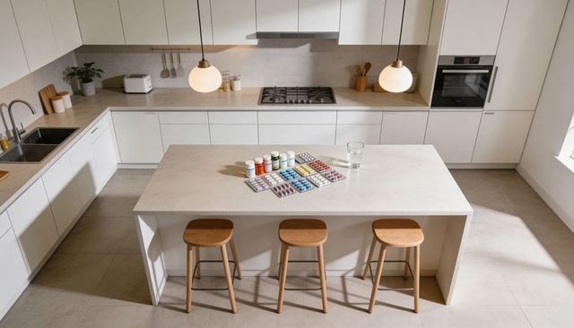 Minimal modern kitchen island with prescription pill bottles and glass in bright open-plan