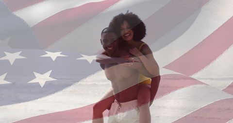 Joyful African American Couple Piggyback on Beach with USA Flag Overlay - Download Free Stock Images Pikwizard.com