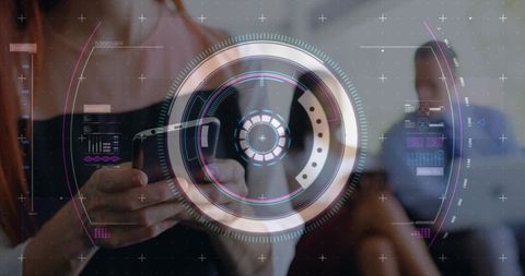 Hands Holding Smartphone Displaying Futuristic Augmented Reality HUD Overlay Collaboration