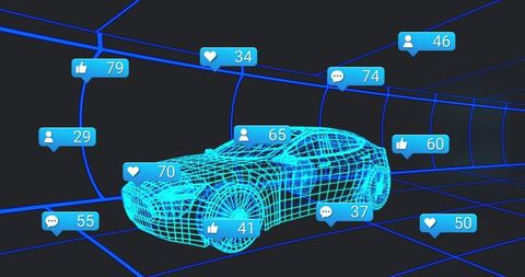 Futuristic Wireframe Car in Neon Blue Digital Tunnel