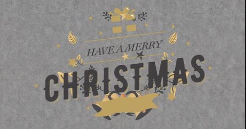 Bold christmas wordmark featuring gold ribbon, gift emblem and laurel on textured gray