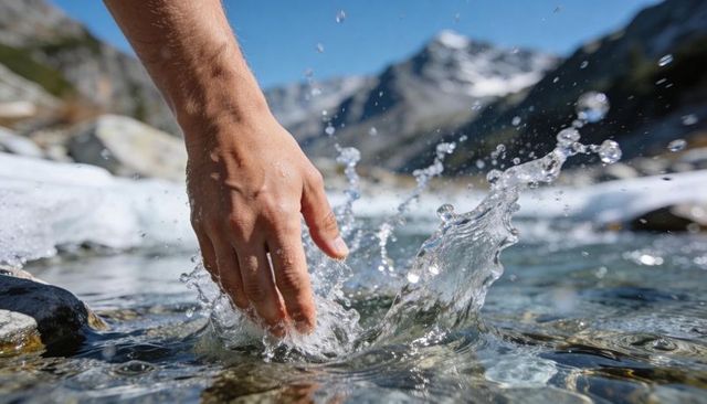 Hand Dipping into Alpine Stream Creating Splash and Crystal Droplets with Mountain Peaks