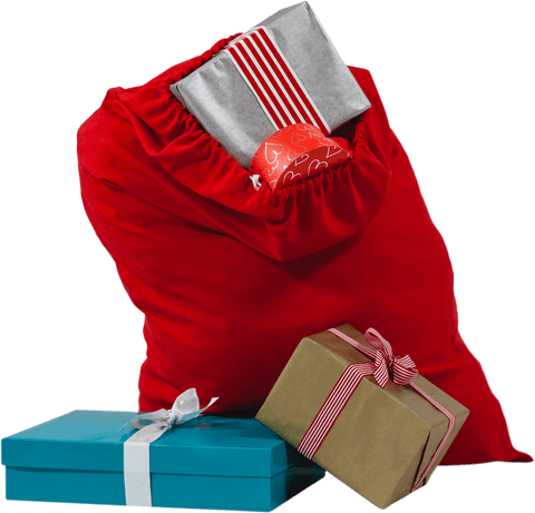 Transparent santa sack with colorful gift boxes