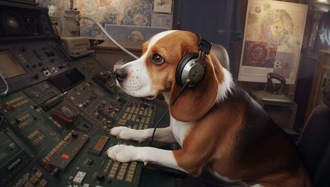 Beagle wearing headphones operating vintage analog audio console in retro studio