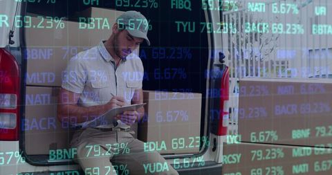 Delivery Employee Analyzing Statistics with Digital Overlay