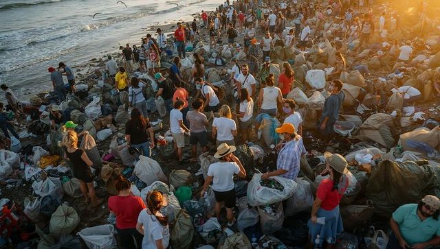 Volunteers collecting trash on crowded sunset beach during massive coastal cleanup