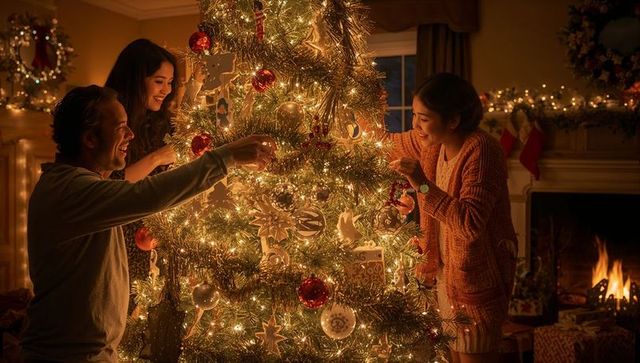Family Decorating Christmas Tree in Cozy Living Room Setting