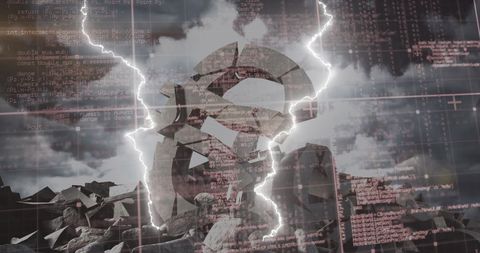 Fractured euro sign amidst stormy digital display