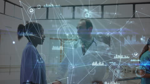 Diverse Doctors Discussing with Digital Interface Overlay