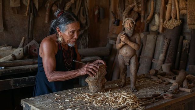 Elderly woodcarver sculpting tribal wooden figurine in rustic workshop with hand tools