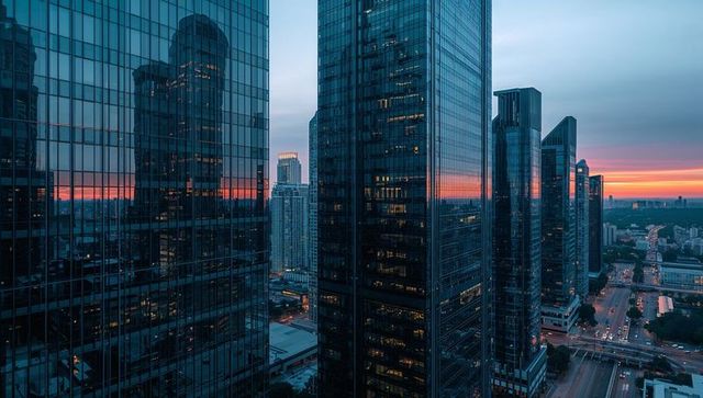 Glass towers reflecting sunset over downtown roadway at twilight