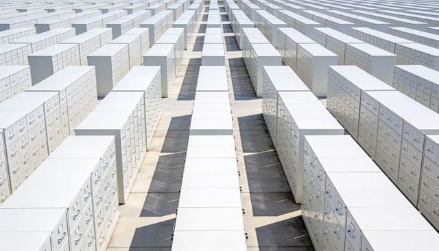 Endless rows of white file cabinets showing geometric repetition with industrial style