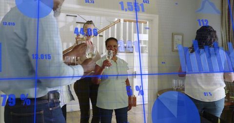 Multigenerational group toasting wine at home with blue data charts overlay
