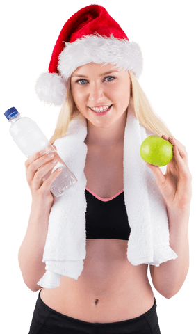 Festive Fitness Celebration with Young Woman Holding Apple on Transparent Background