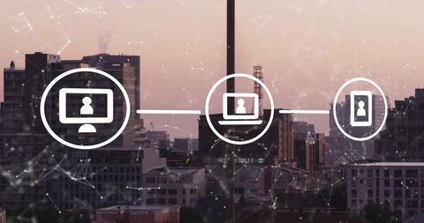 Digital Media Network Over Cityscape at Sunset - Download Free Stock Images Pikwizard.com